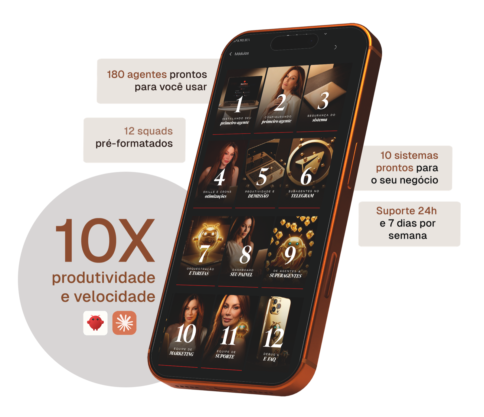 Visual do DonaSystem com celular, squads, agentes prontos e sistemas para o negócio
